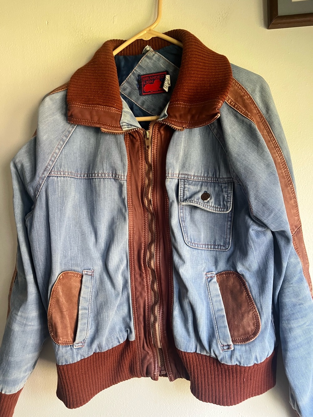 1970’s Light Blue Denim and 100% Grain Leather Brown Trim Men's Bomber Jacket